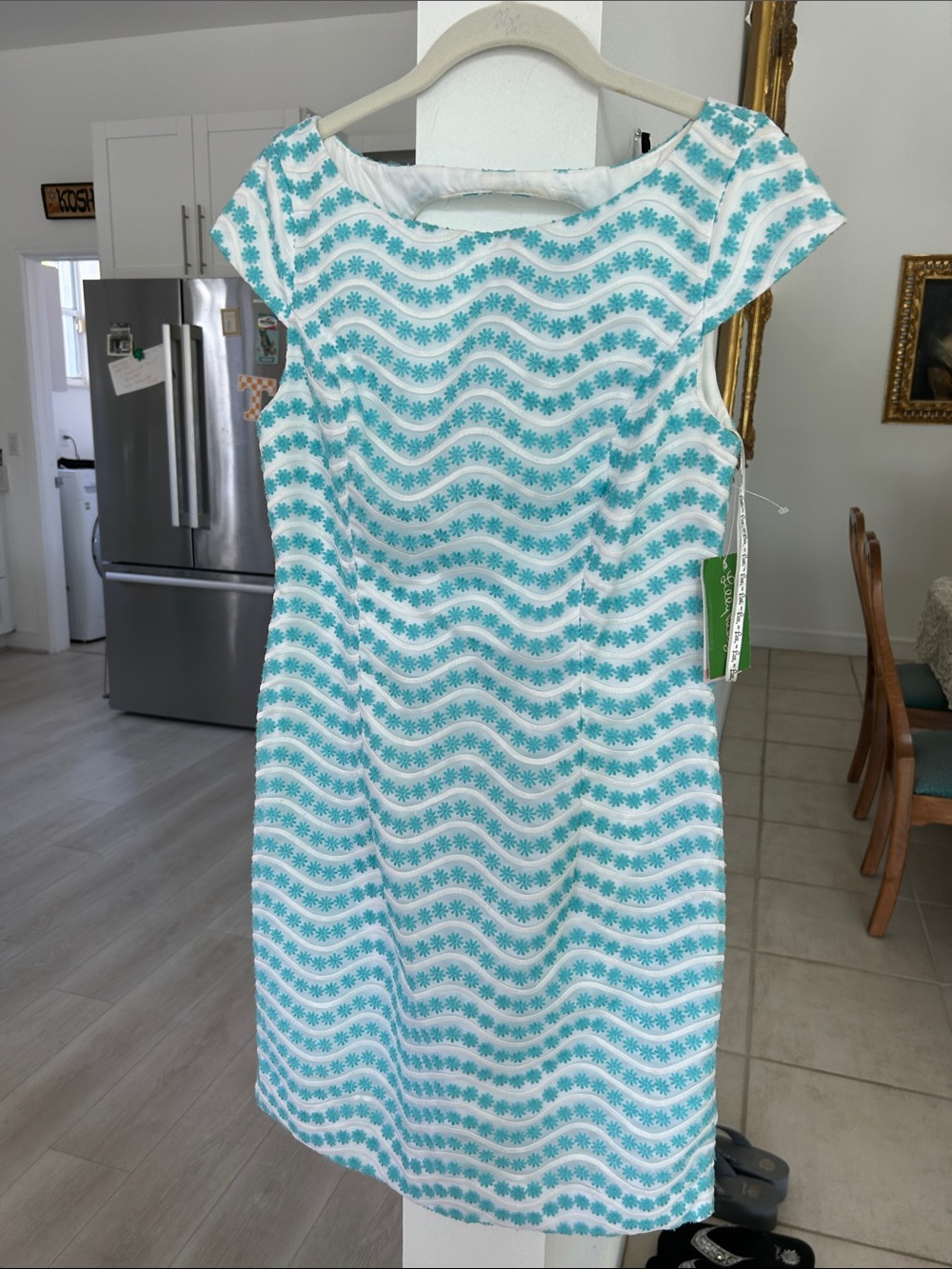 Lilly Pulitzer Aqua & White Wave-Print Cap Sleeve Midi Dress